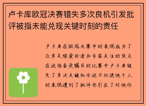 卢卡库欧冠决赛错失多次良机引发批评被指未能兑现关键时刻的责任