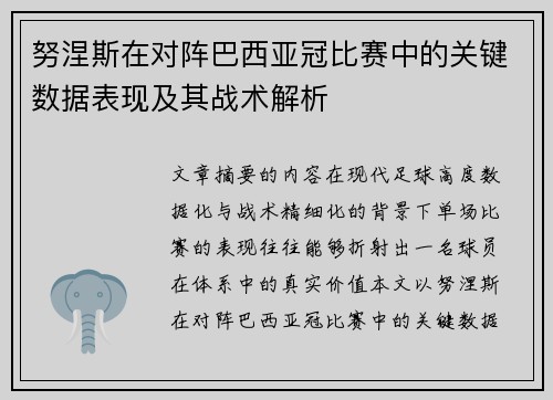 努涅斯在对阵巴西亚冠比赛中的关键数据表现及其战术解析